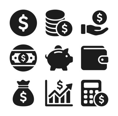 Para, madeni para, cüzdan, domuz kumbarası ve beyaz bir arkaplanda izole edilmiş bir hesap makinesi de dahil olmak üzere dokuz basit siyah simge ikonu koleksiyonu..