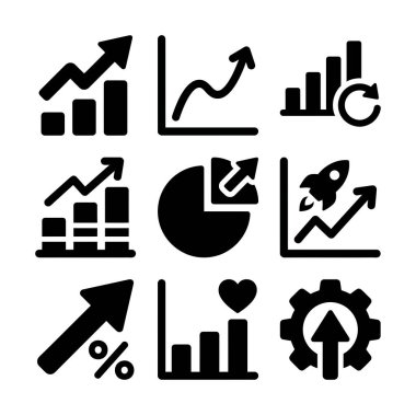 Mali büyüme grafikleri, performans analizleri, başlangıç açılışı, ilerleme göstergeleri ve optimizasyon ayarları gibi iş kavramlarını temsil eden dokuz vektör simgesi kümesi.