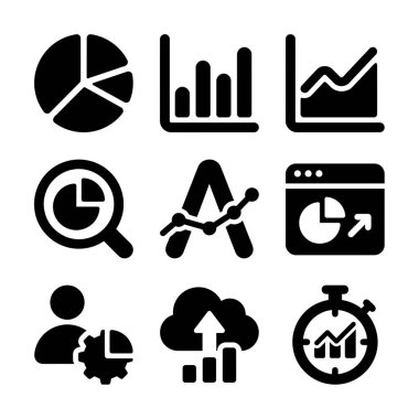 Grafikler, grafikler, raporlar ve bulut analitiği gibi veri analizlerini temsil eden dokuz siyah katı ikondan oluşan bir koleksiyon. Gösterge panelleri ve iş sunumları için mükemmel.