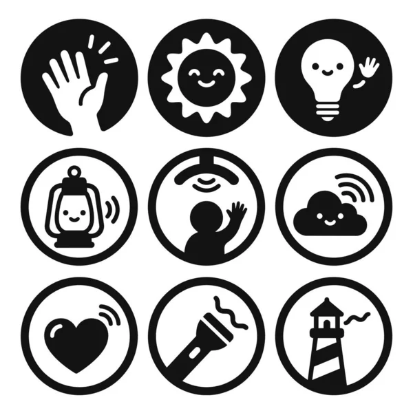 İletişimi, teknolojiyi ve el işaretleri, güneş, ampul ve deniz feneri gibi çevresel temaları tasvir eden dokuz siyah ve beyaz simge seti.