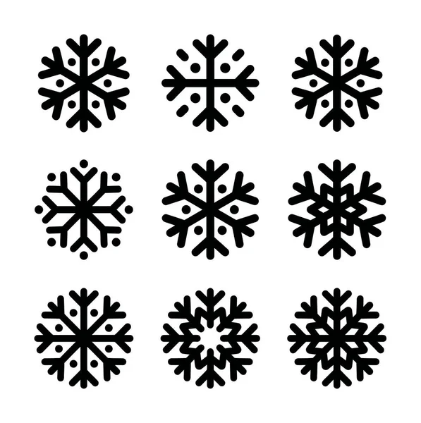 Dokuz eşsiz siyah kar tanesi ikonu seti. Basit, geometrik ve beyaz arka planda izole. Kış temaları, tatil dekorasyonları ve hava durumuyla ilgili grafikler için mükemmel.