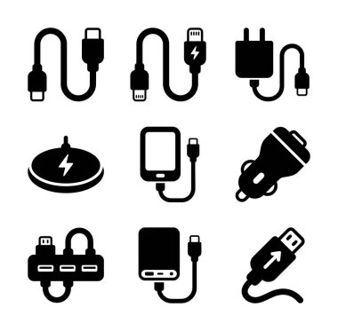 Cihaz şarjı için siyah kabartma simgeleri koleksiyonu. USB kablolar, kablosuz ped, araba şarj aleti, güç bankası, duvar adaptörü ve akıllı telefonlar ve cihazlar için merkez.