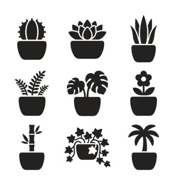 A set of nine simple vector icons representing different indoor plants in pots. Includes cactus, succulent, monstera, palm, and other popular foliage for home or office decor.