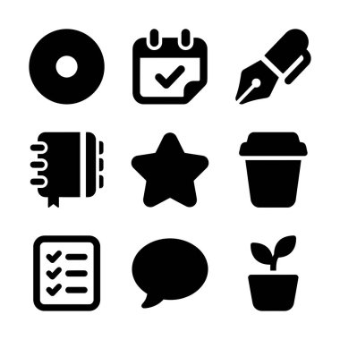 Bir takvim, kalem, defter, yıldız, kahve fincanı ve UI tasarım ve web uygulamaları için kontrol listesi içeren dokuz siyah simge koleksiyonu.