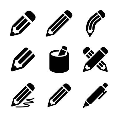 Çeşitli kalem ve kalemleri temsil eden dokuz izole siyah kabartma simge seti. Beyaz arkaplanda yazma, düzenleme, çizim ve yaratıcı araçlar için simgeler içerir.