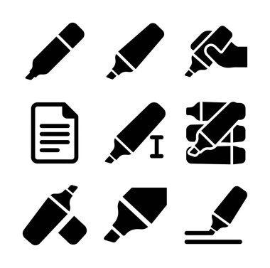 İşaretleyicileri temsil eden vektör simgeleri kümesi. Metin düzenleme, belgeler ve çizim çizgileri için simgeler içerir. Kullanıcı arayüzü tasarımı, okul veya ofis projeleri için mükemmel.