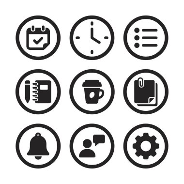 İş dünyası ve verimlilik için modern düz tasarım simgeleri koleksiyonu takvim listesi notları kahve notları çan sohbeti ve ayarlar sembolleri dahil