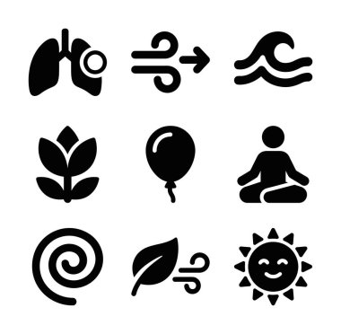 Ciğerler, rüzgar, dalgalar, çiçek, balon, meditasyon yapan insan, spiral, yaprak ve güneş de dahil olmak üzere nefes, doğa ve refahı temsil eden dokuz katı siyah ikondan oluşan bir koleksiyon..