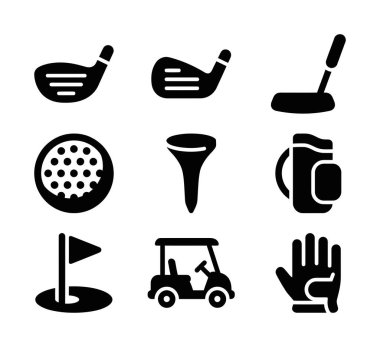 Çeşitli golf öğelerini temsil eden dokuz adet siyah beyaz simge. İçinde golf sopası, top, golf topu, çanta, el arabası, eldiven ve bayrak var. Web veya yazdırma için basit katı kabartma biçimi.