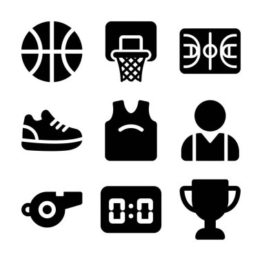 Basketbol sporu ile ilgili dokuz siyah katı ikondan oluşan bir koleksiyon. Bunlar arasında bir top, halka, mahkeme, ayakkabı, forma, oyuncu, ıslık, skor tabelası ve kupa yer alıyor..