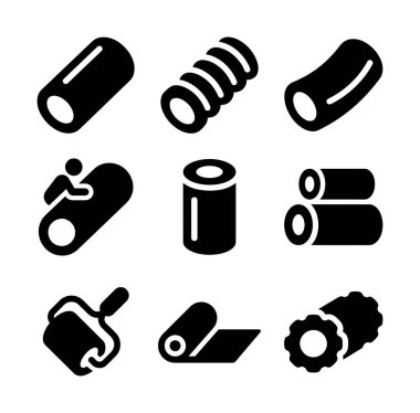 Çeşitli köpük silindirleri ve egzersiz, fizik tedavi ve kas iyileştirme alanlarındaki kullanımlarını gösteren dokuz vektör ikonundan oluşan bir derleme. Farklı dokular ve kullanıcı pozları içerir.