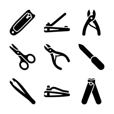 Kırpma makası, makas, meme ucu, dosya ve beyaz arka planda cımbız gibi çeşitli tırnak bakım ve bakım araçlarını temsil eden dokuz izole edilmiş siyah vektör simgesi..