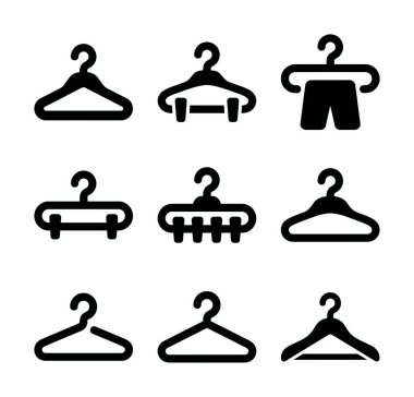 Farklı elbise askısı stillerini gösteren dokuz adet siyah ve beyaz vektör ikonu. Basit askılar, klipsli askılar ve şortlu bir tane..