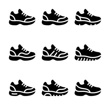 Dokuz farklı siyah spor ayakkabı ikonu koleksiyonu. Bu basit vektör siluetleri, beyaz arka planda izole edilmiş, spor ve spor tasarımları için mükemmel olan çeşitli atletik ayakkabı stillerini temsil eder..