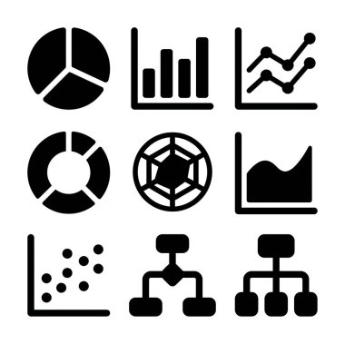 Turta grafiği, çizgi grafiği, donut grafiği, radar grafiği, alan grafiği, dağılım grafiği ve akış çizelgesi gibi veri görselleştirmesi için dokuz düz siyah simge koleksiyonu.