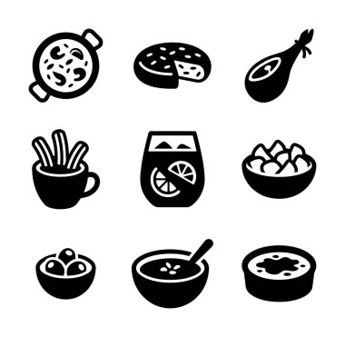 Geleneksel İspanyol mutfağını, paella, jamon serrano, tortilla, churros ve sangria 'yı temsil eden dokuz simge..