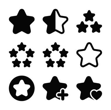 Katı, yarım, ana hatlı, beş yıldızlı, favorili ve favori sembollere eklenen çeşitli yıldız simgelerinden oluşan bir koleksiyon. Web ve uygulama UI için beyaz bir arkaplanda izole edilmiş.