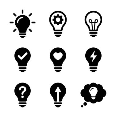 Yenilikleri, çözümleri ve yaratıcı düşünmeyi göstermek için dişliler, kalpler ve kontrol işaretleri gibi sembolleri olan ampullerin yer aldığı dokuz basit simge koleksiyonu..