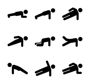 Çekirdek dayanıklılık eğitimi için, yan tahtalar ve şınav pozisyonları da dahil olmak üzere farklı tip tahta egzersizlerini gösteren dokuz basit siyah beyaz simge koleksiyonu.