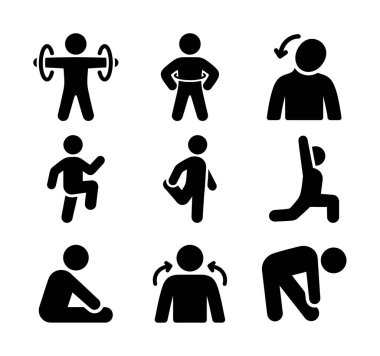 Isınma, esneme ve temel egzersizler gibi çeşitli fiziksel aktiviteleri tasvir eden dokuz vektör ikonundan oluşan bir derleme. Fitness ve sağlık kavramları için basit pictogram biçimi.