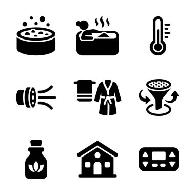 Jakuzi, termometre, su jeti, bornoz, temel yağ ve sağlık kavramları için kontrol paneli gibi spa ve jakuzi elementlerini temsil eden koyu siyah simgelerden oluşan bir koleksiyon..