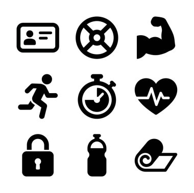 Fitness ve spor aktiviteleriyle ilgili dokuz siyah katı ikondan oluşan bir koleksiyon. Üyelik, ağırlık, kas, koşma, kronometre, kalp atışı, dolap, su torbası ve yoga minderi simgeleri içerir.