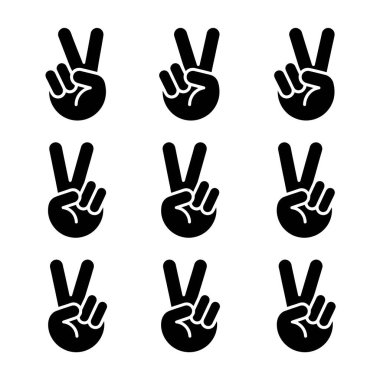 Ziyaretçi işareti ya da barış jestini tasvir eden dokuz özdeş siyah siluet ikonundan oluşan bir koleksiyon. Bu basit, grafik vektör kümesi zafer, barış ve iletişim kavramları için kullanılabilir..