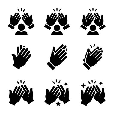 Alkışlar, alkışlar ve övgüleri temsil eden dokuz siyah vektör ikonundan oluşan bir derleme. Sette çeşitli el çırpma stilleri, bazılarında kutlama pırıltıları ve seyirci sembolleri yer alıyor..
