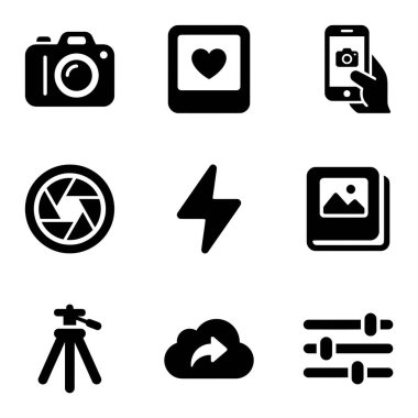 Fotoğrafçılıkla ilgili dokuz siyah katı simge koleksiyonu. Kamera, flaş, tripod, açıklık, fotoğraf düzenleme sürgüleri, bulut yüklemesi ve akıllı telefon fotoğraf sembolleri içerir.