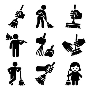 Temizlik, süpürme ve temizlik işleri için süpürge, fırça ve süpürge kullanan çubuk figürleri ve elleri gösteren dokuz vektör çizimi. Basit siyah beyaz tasarım.