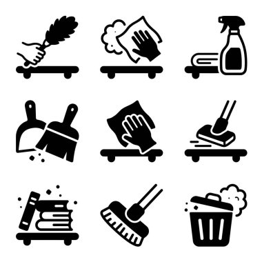 Ev veya ticari kullanım için toz alma, silme, süpürme, süpürme ve atık imhası gibi çeşitli temizlik görevlerini temsil eden dokuz monokrom simge koleksiyonu.