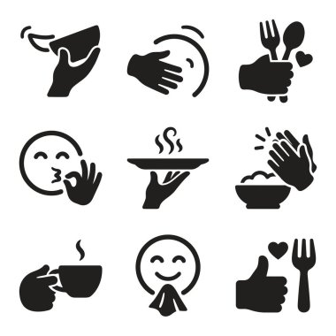Lezzetli tat, tok mide, takdir ve bir öğün ya da içecekten zevk alma gibi olumlu duyguları temsil eden siyah simgelerden oluşan bir derleme..