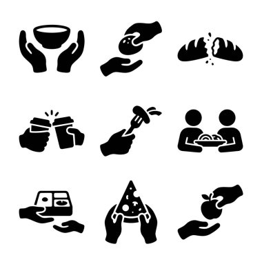 Ekmek, pizza ve meyve gibi yiyecek verme ve paylaşma eylemlerini tasvir eden dokuz basit siyah ikondan oluşan bir koleksiyon. Sadaka, toplum ve muhtaçlara yardım eder..