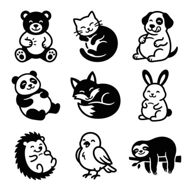 İçinde ayı, kedi, köpek, panda, tilki, tavşan, kirpi, kuş ve tembel hayvan bulunan dokuz sevimli hayvan ikonundan oluşan bir koleksiyon. Basit siyah ve beyaz izole vektör çizimleri.
