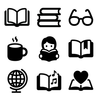 Okuma, öğrenme ve bilgiyi temsil eden dokuz izole siyah beyaz simge seti. Kitaplar, gözlükler, bir küre, bir okuyucu ve web ve grafik tasarım için bir kahve kupası gibi semboller içerir.