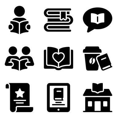 Kitap, okuma ve eğitimle ilgili dokuz siyah, katı kabartma simge koleksiyonu. Bir kütüphane, kitap, kitapçı, okuma kulübü ve edebiyat aşkı sembolleri içerir.