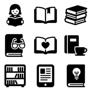Okuma ve öğrenme için dokuz siyah sembolden oluşan bir koleksiyon. Bir okuyucu, bir e-okuyucu, bir kitaplık ve edebiyat ve aşkı simgeleri istiflemiş..