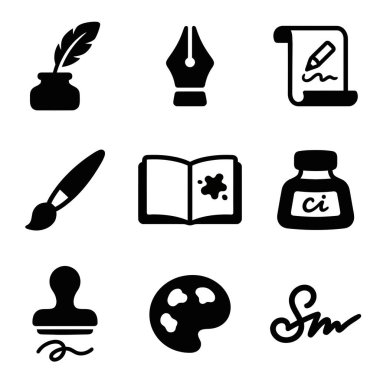 Kalem, mürekkep, boya fırçası, palet, imza ve pul gibi yaratıcı uğraşları temsil eden dokuz düz dizayn ikonu..