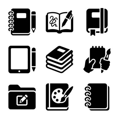 Not defterleri, kalemler, kitaplar, bir tablet, bir boya fırçası ve bir klasör içeren dokuz siyah beyaz simge koleksiyonu, yazı, sanat ve dijital yaratımı sembolize ediyor..