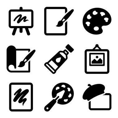 Sanat ve resim ile ilgili dokuz basit vektör ikonu sehpası palet boya tüpü fırça beresi ve beyaz arka planda çerçevelenmiş sanat eserleri.