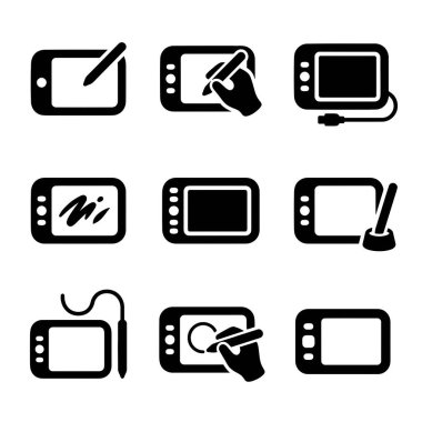 Grafik çizim tabletlerini, dijital stilleri ve bunların yaratıcı tasarım, illüstrasyon ve dijital imzaları temsil eden dokuz düz siyah simge koleksiyonu..