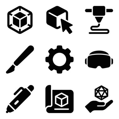 Üç boyutlu tasarımı, yazdırmayı, VR 'ı ve beyaz arkaplandaki kalem, neşter ve planlar gibi yaratıcı araçları temsil eden dokuz katı siyah simge koleksiyonu..
