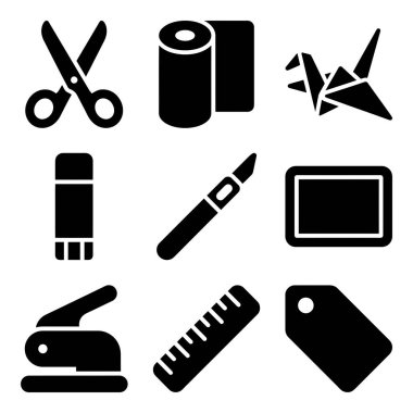 Makas, bant, origami, yapıştırıcı, el yapımı bıçak, cetvel ve delik delgi gibi çeşitli el işi ve ofis malzemelerini temsil eden dokuz siyah siluet ikonundan oluşan bir koleksiyon..