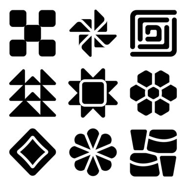 Spiral, yıldız, çiçek ve desenler gibi çeşitli geometrik şekillere sahip dokuz eşsiz tek renkli ikondan oluşan bir set. Grafik tasarımı için izole vektör ögeleri.