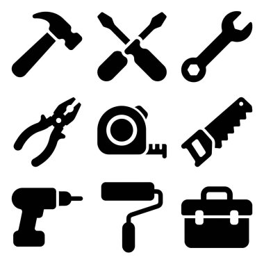 Bir çekiç, İngiliz anahtarı, matkap, testere ve alet kutusu da dahil olmak üzere ortak donanım ve kendin yap araçlarını temsil eden dokuz siyah ve beyaz vektör simgesi koleksiyonu.