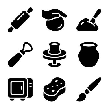 Yaratıcı hobiler için merdane, kil, çömlekçi çarkı, fırça ve fırça da dahil olmak üzere çanak çömlek yapma araçlarını ve ekipmanlarını temsil eden dokuz siyah katı simge koleksiyonu..