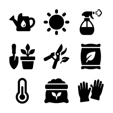 Dokuz siyah katı ikondan oluşan bir koleksiyon çeşitli bahçe aletleri ve elementleri temsil ediyor. Örneğin bir sulama tenekesi, güneş, sprey, mala, bitki, makas, gübre ve eldiven..