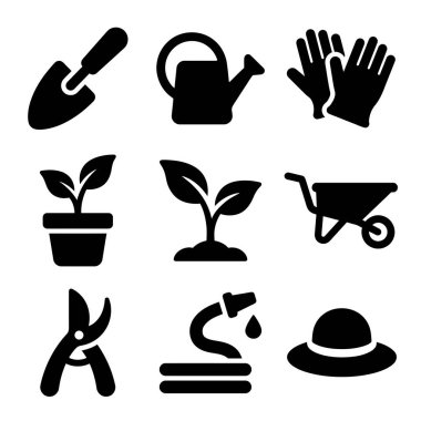 Bahçe işleri için dokuz basit vektör ikonundan oluşan bir koleksiyon. Bir mala, sulama kutusu, eldivenler, bitki, el arabası, makas, hortum ve şapka da dahil..