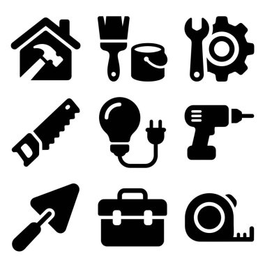 Bir çekiç, testere, matkap, boya fırçası ve DIY projeleri için araç kutusu gibi çeşitli ev geliştirme ve inşaat araçlarını temsil eden dokuz siyah katı ikondan oluşan bir koleksiyon.