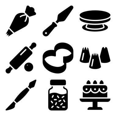Pişirme ve hamur işi araçlarını temsil eden dokuz adet koyu siyah kabartma simgesi. Bir boru torbası, spatula, döner tabla, merdane, kurabiye keskisi, hortum, fırça, serpinti ve pasta içerir..